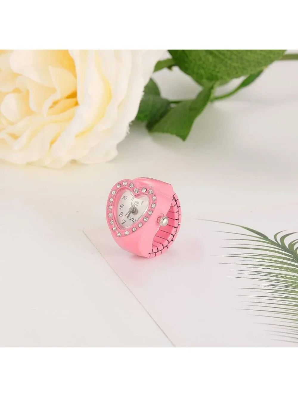 Unisex Pink Analog Quartz Easy Read Adjustable Modern Heart Finger Ring Watch